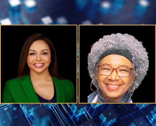 Photos of two UMGC alumnae, Tiffany Tremont and Loyce Pailen, with a digital lock representing cybersecurity in the background