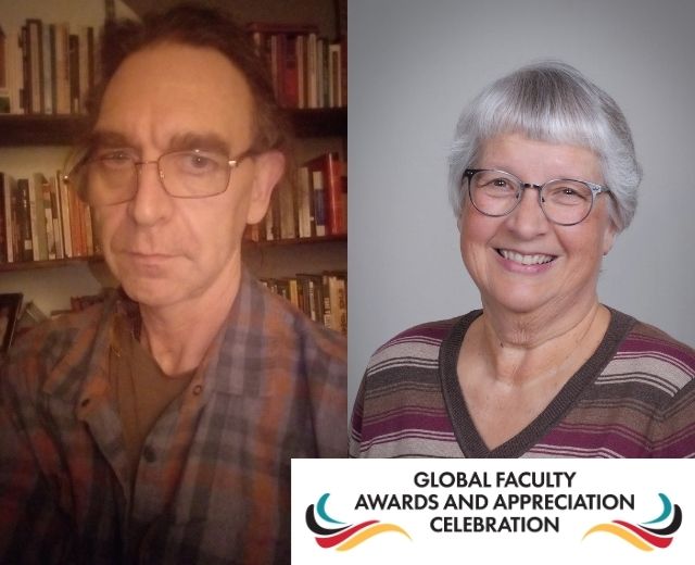 Headshots of Matthias Regan and Anita Hanawalt, with a small logo: “Global Faculty Awards and Appreciation Celebration”