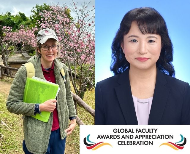 Photos of Michelle Fukuyama and Nanako Matsumoto, with a logo: Global Faculty Awards and Appreciation Celebration. Fukuyama is outside on a hill in Japan with flowering trees in the background as she prepares to lead an experiential learning tour. 