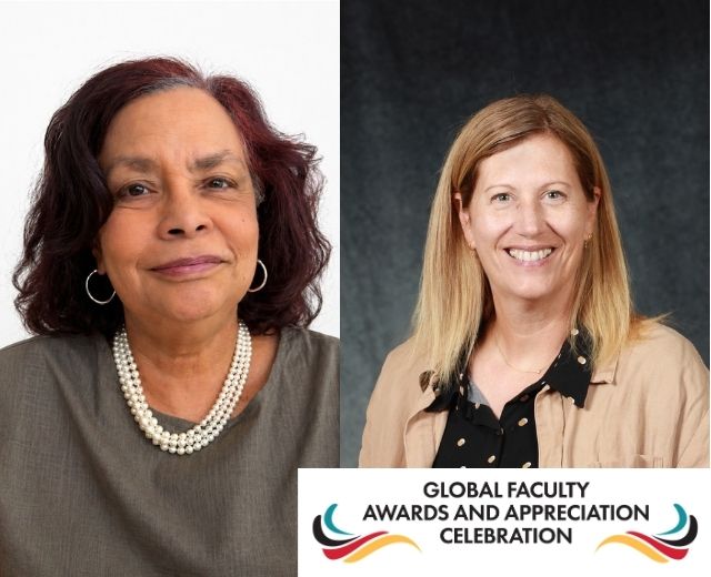 Stephanie Hamilton and Michele Lively, with a logo: Global Faculty Awards and Appreciation Celebration.