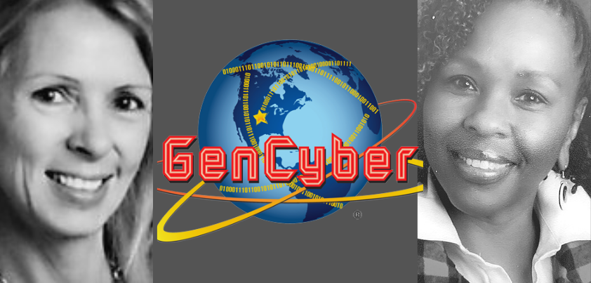 A banner with two women and the word "Gencyber" over an image of the globe.