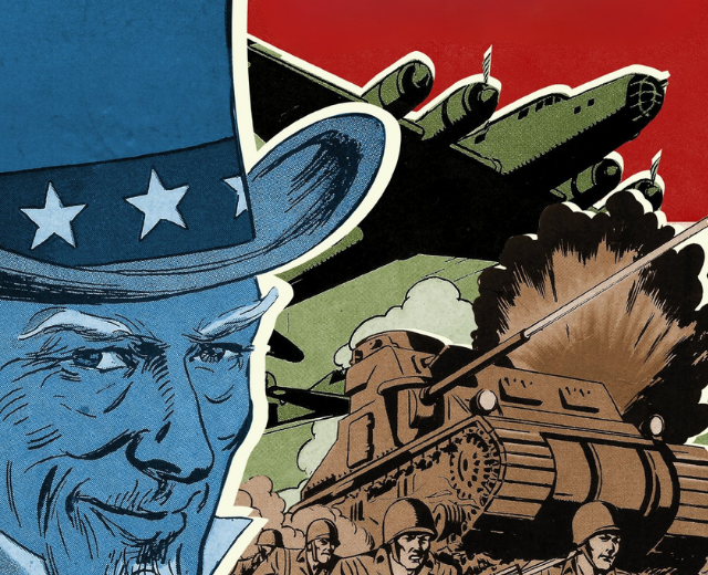  Graphics from the cover of “Comics and Conflict: Patriotism and Propaganda from WWII Through Operation Iraqi Freedom, a book by Cord A. Scott, with comic-style images of Uncle Sam, tanks and military servicemembers.
