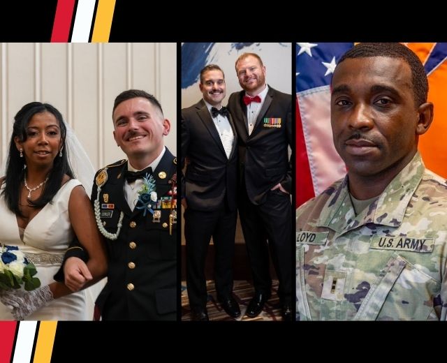 Collage of 3 photos: 1) Jacob Dowler and his wife on their marriage day. Dowler is in his dress uniform. 2) Jerrin Neal with his husband. Both are wearing tuxedos, Neal’s with military medal pins. 3) Nathaniel Floyd in his U.S. Army combat uniform, with an American flag in the background 