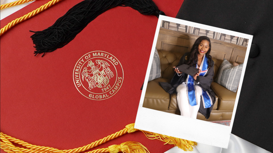 A photo of a UMGC Graduate over a cap and gown