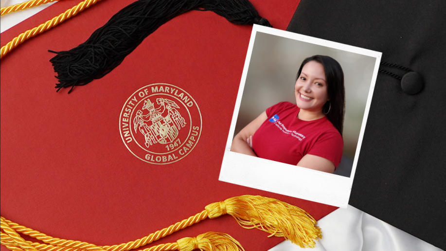 A photo of a UMGC Graduate over a cap and gown