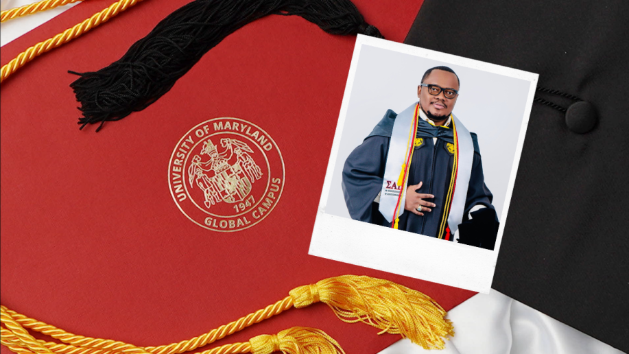 A photo of a UMGC Graduate over a cap and gown