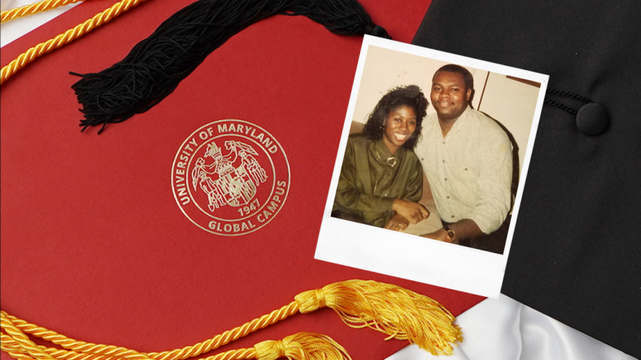 A photo of a UMGC Graduate over a cap and gown