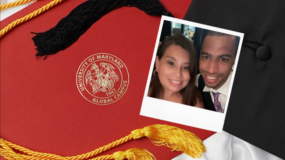 A photo of a UMGC Graduate over a cap and gown