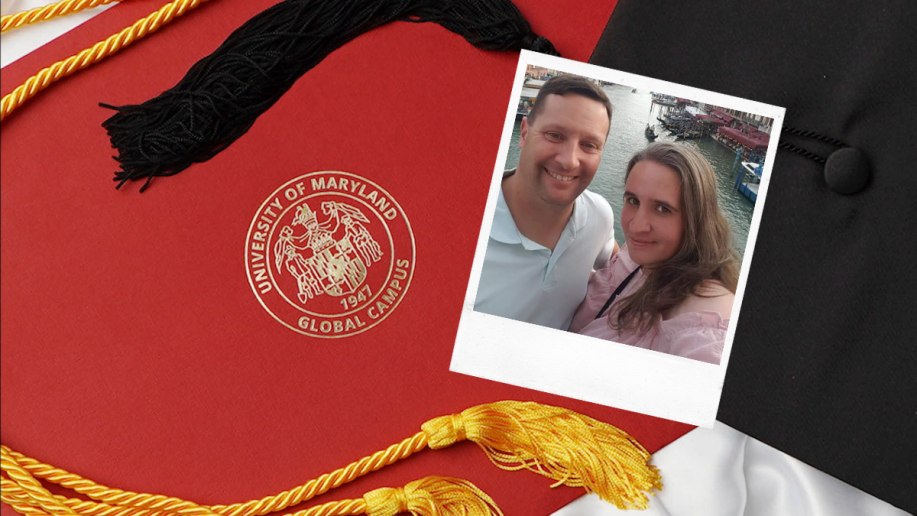 A photo of a UMGC Graduate over a cap and gown