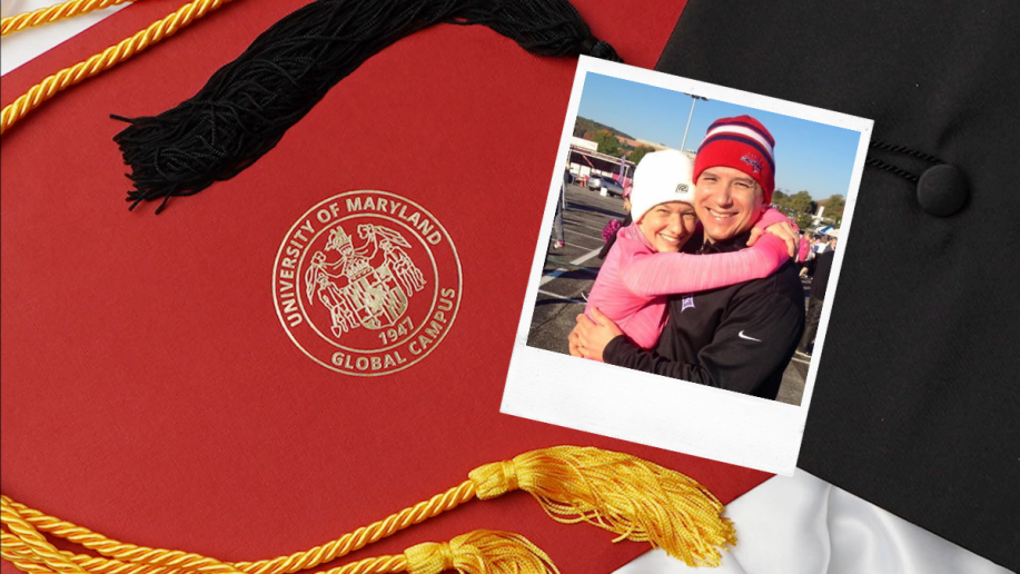 A photo of a UMGC Graduate over a cap and gown
