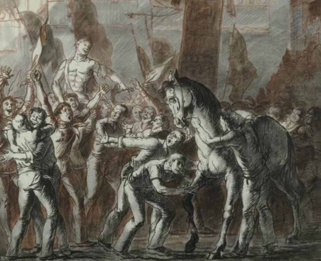 Joseph Sheppard drawing Il Palio 2, 1976, charcoal, watercolor, and white conté on paper, 31½ x 31½ in. The scene is chaotic, including a crowd with torches and a horse and rider. 