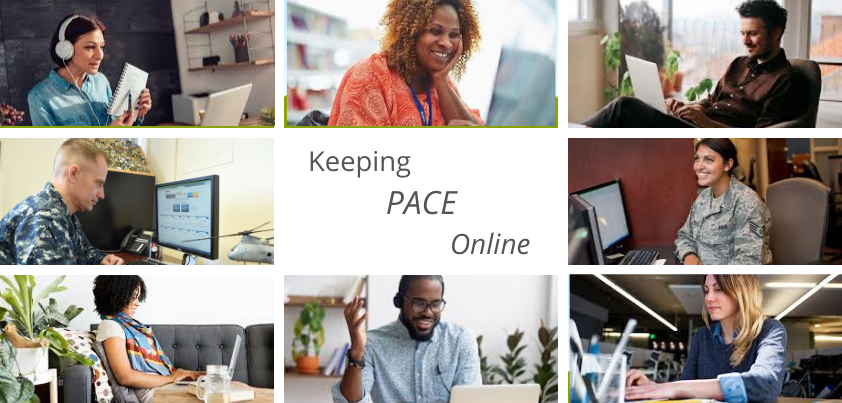 A photo montage of various students in front of their computers with the phrase 'keeping PACE online'