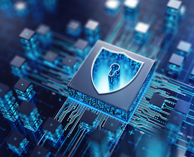 Microchip with a shield and keyhole icon on a blue circuit board, representing cybersecurity.