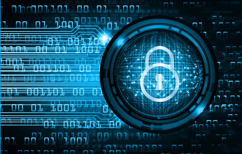 A padlock surrounded by ones and zeros.