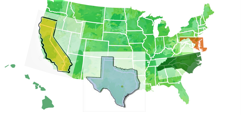 A Map with the US with the states of California, Maryland, Texas and North Carolina highlighted