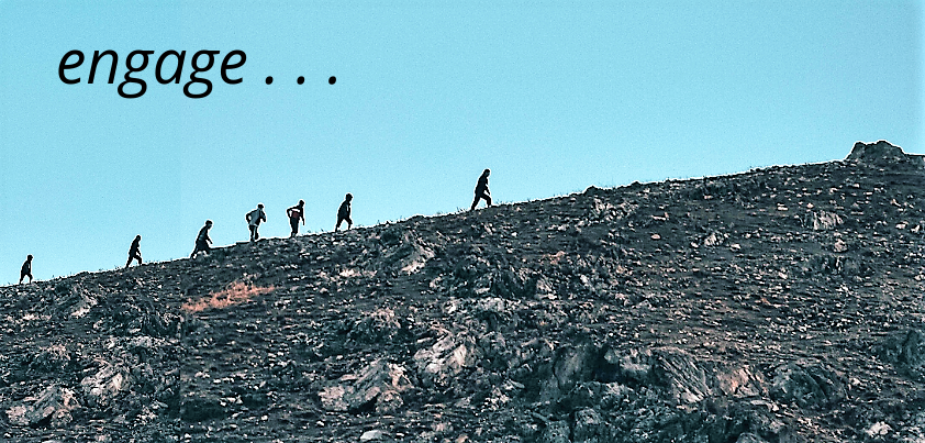A series of mountain climbers climbing a mountain with the word 'engage' above them.