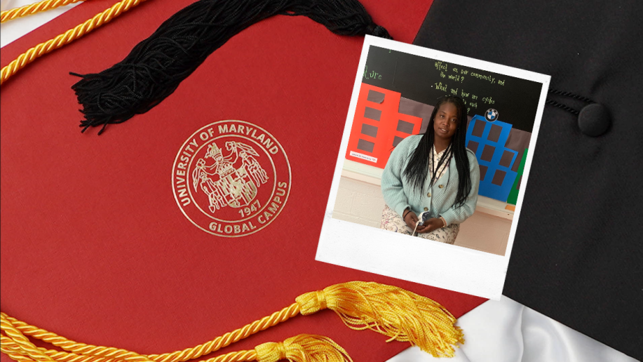 A photo of a UMGC Graduate over a cap and gown