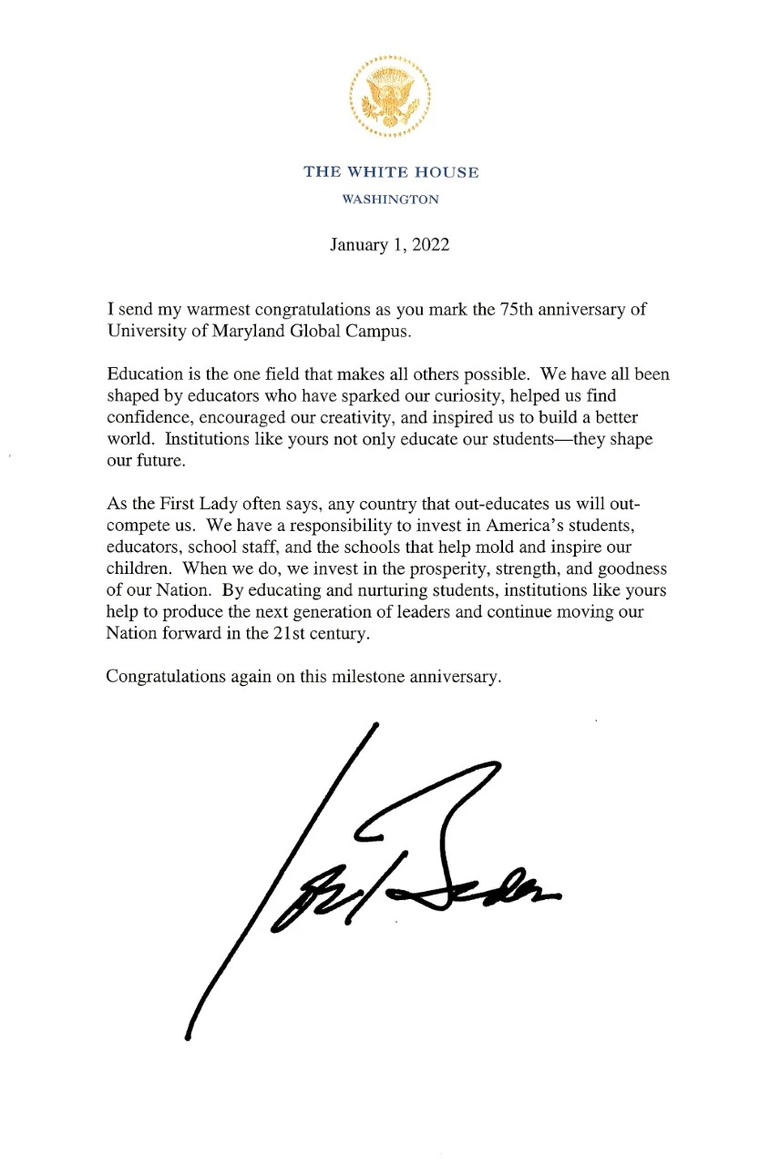 Letter from President Biden on UMGC's 75th anniversary