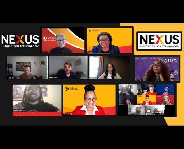 A screenshot compilation of the virtual UMGC NEXUS Pitch Competition featuring technology and non-technology categories. Participating faculty, alumni, and judges participate in the virtual event.