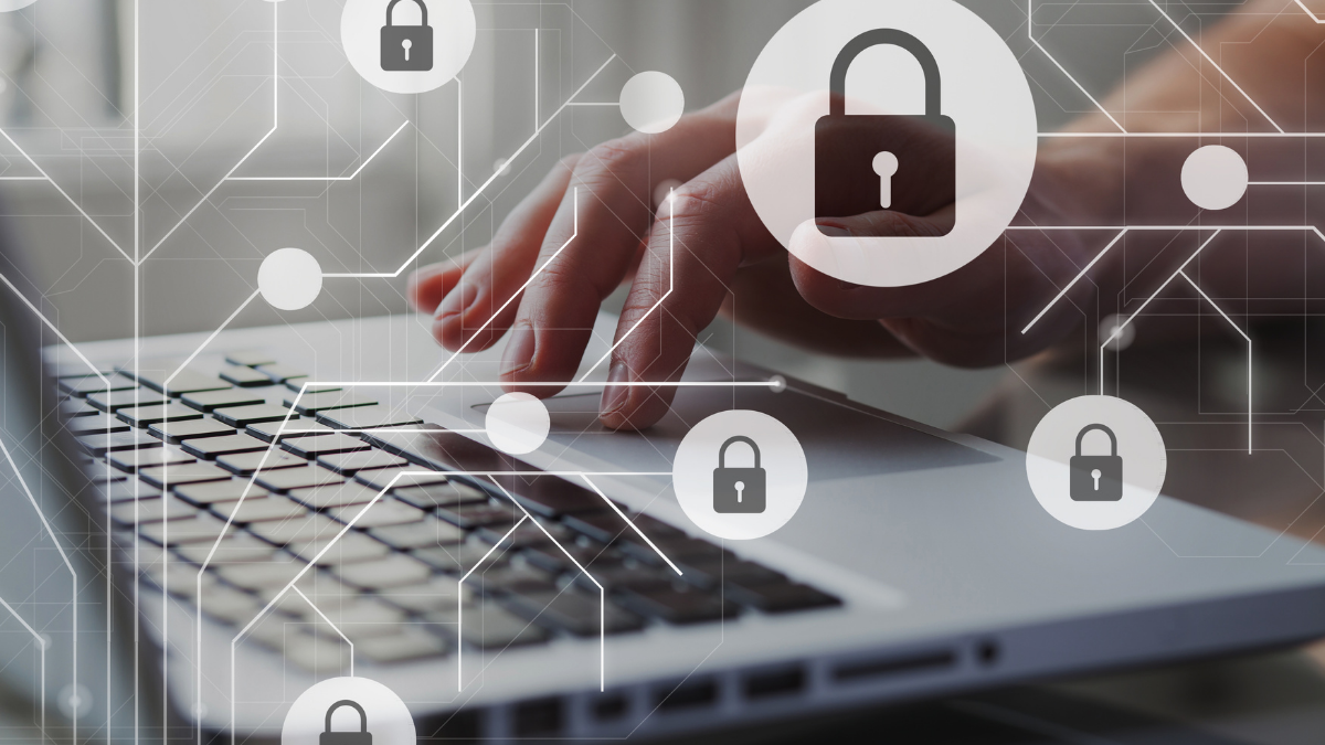 A woman typing on a laptop with various icons of padlocks overlaid on the image.