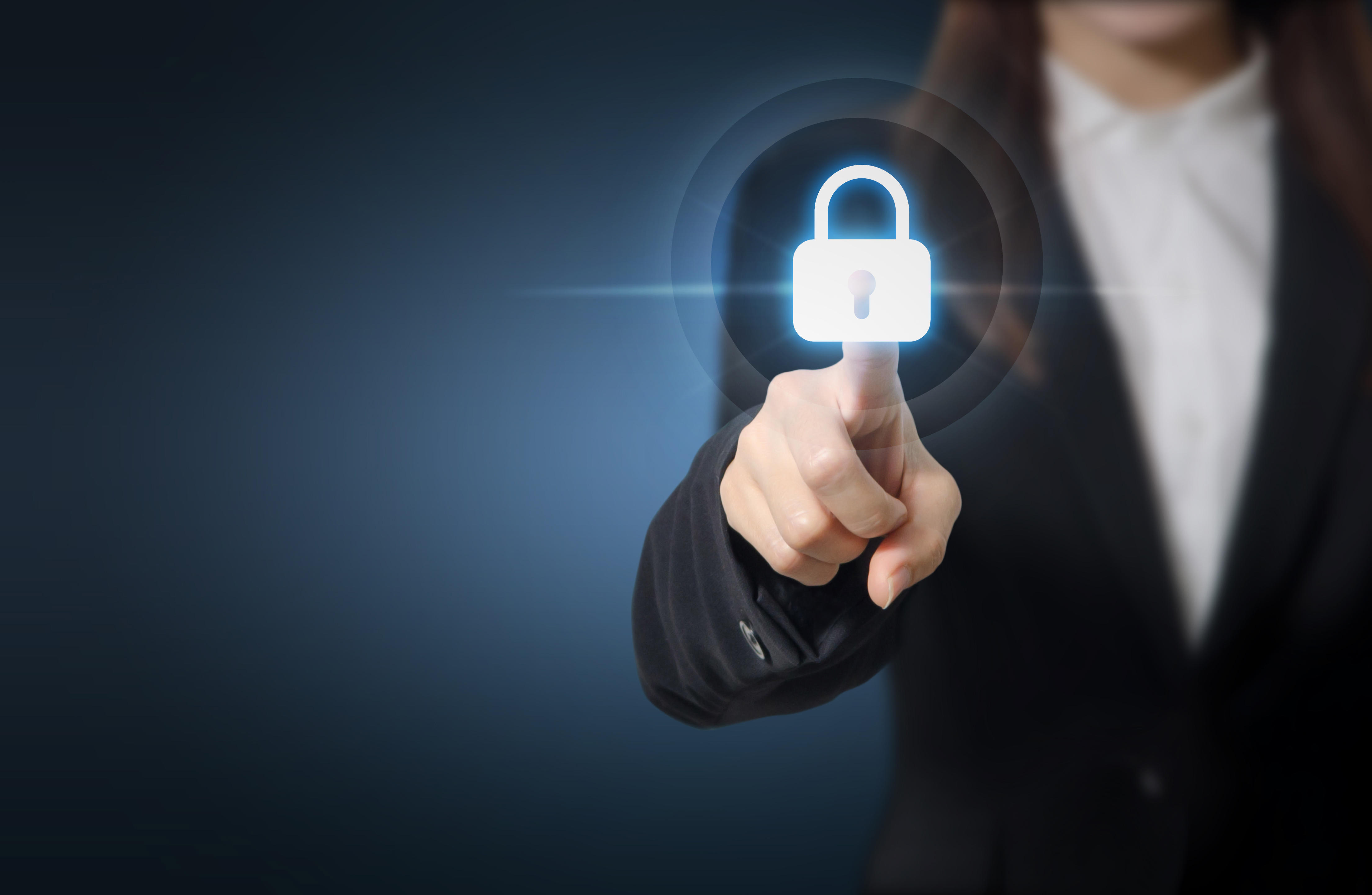 An image of a woman touching a padlock icon.