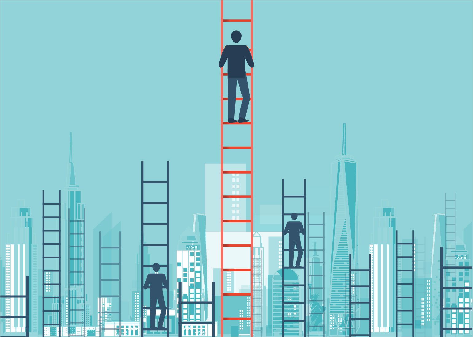 A few icons of people on ladders representing climbing your career ladder.