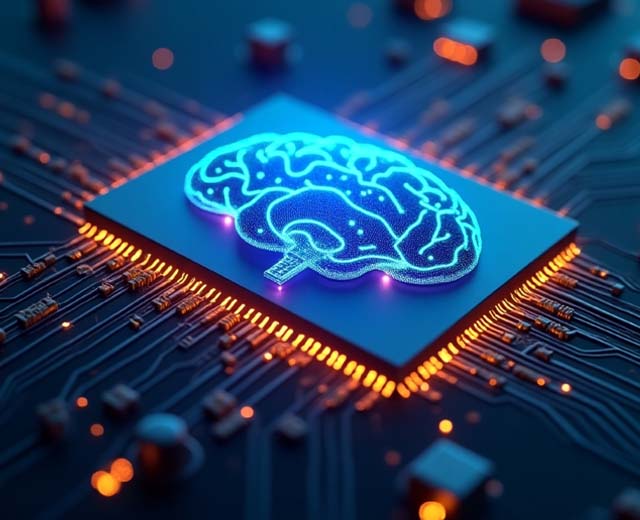 A computer circuit board with an image of a glowing brain.
