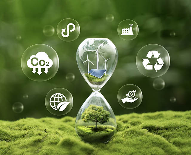Abstract image of environment and climate-related icons around an hourglass containing windmills and a tree.