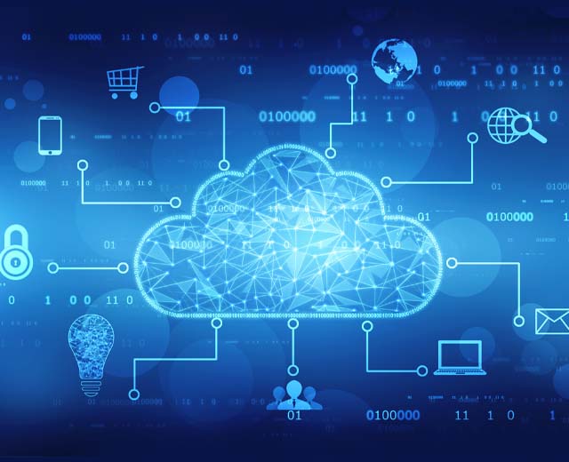 An abstract depiction of the internet in the shape of a cloud with various electronics connected to it.