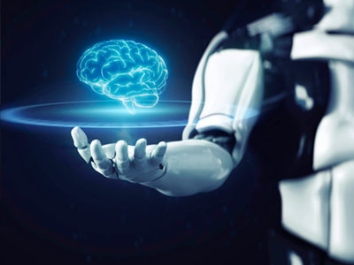 Stock art of a robot holding a hologram of a human brain.