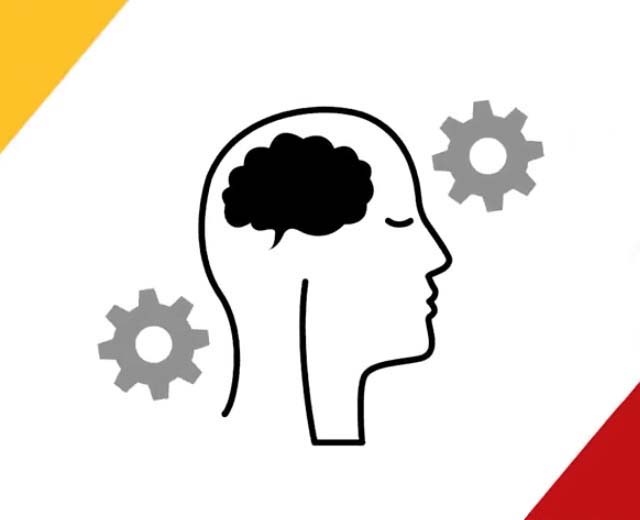 A simple drawing of the side view of a person's head showing a thought cloud inside and two gears outside.