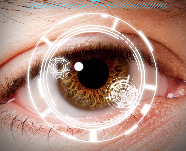 A high-tech overlay posted over an image of a human eye.