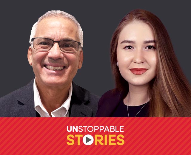Ben Thapa and Tamila Urumbaeva headshots with text, "Unstoppable Stories."