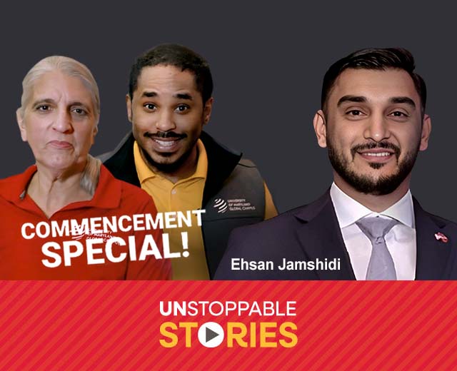 Lauren Cardillo, Nathan James, and Ehsan Jamshidi headshots with text, "Unstoppable Stories."