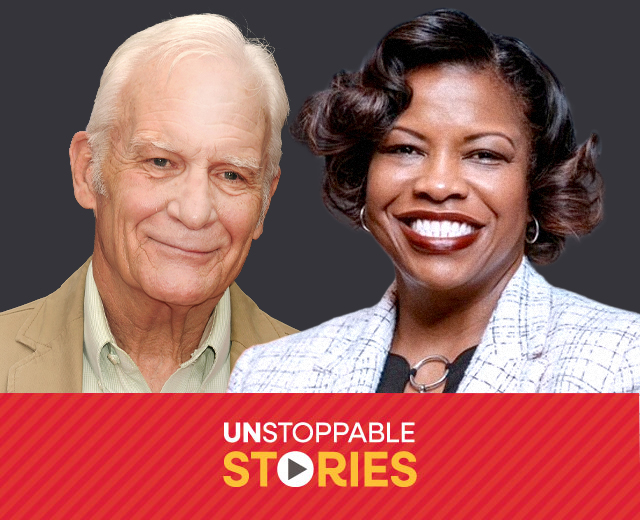 Dale Dye headshot and Ronnette Myers headshot with text, "Unstoppable Stories."