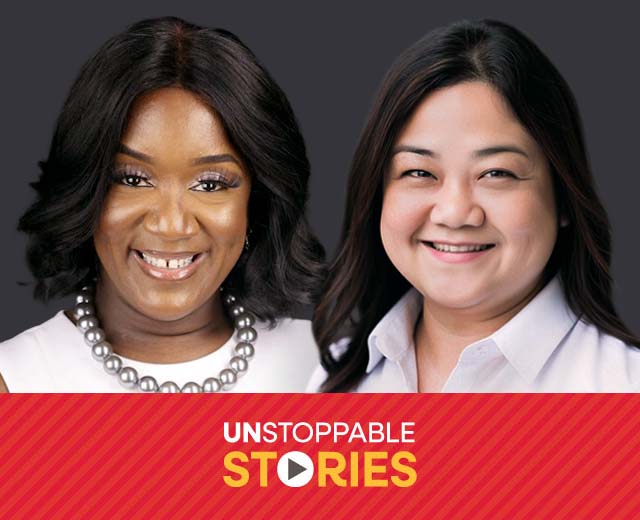 Gavata Smith and Jeannie Lum headshots with text, "Unstoppable Stories."