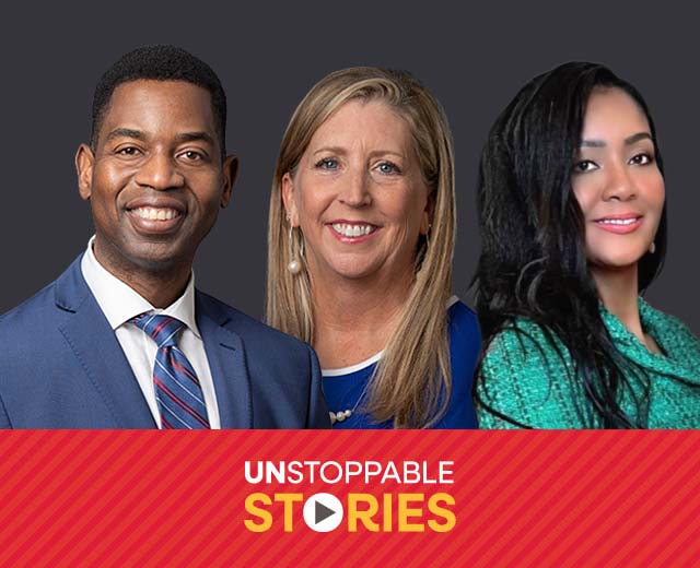 Dr. Greg Fowler, Dr. Angie Besendorfer, and Giovanna Williams headshots with text, "Unstoppable Stories."