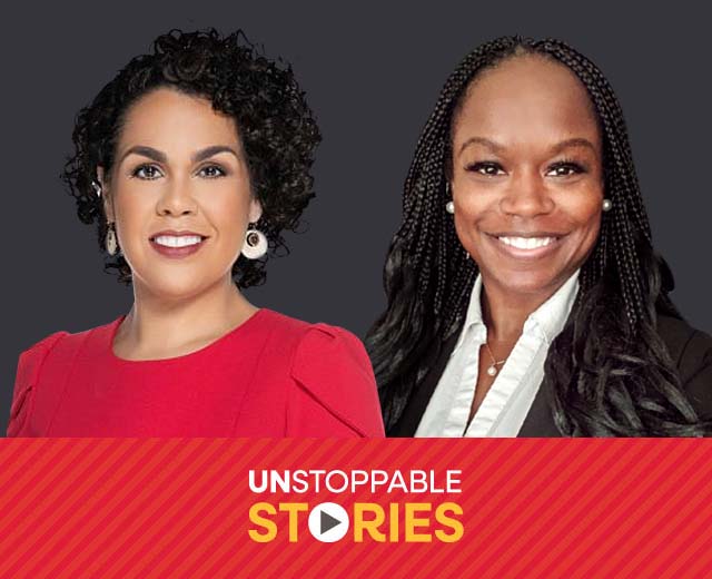 Two people smiling with text that reads, "Unstoppable Stories."