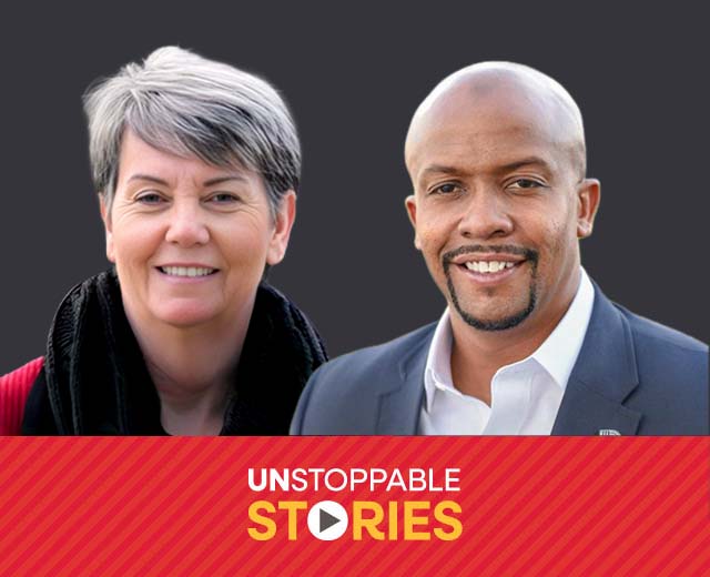Sharon Grassi and Kwame Johnson headshots with text, "Unstoppable Stories."