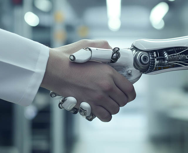 A human hand shaking hands with a robot hand.