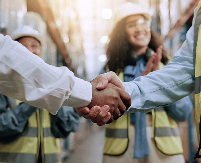 Two people in safety vests shaking hands.