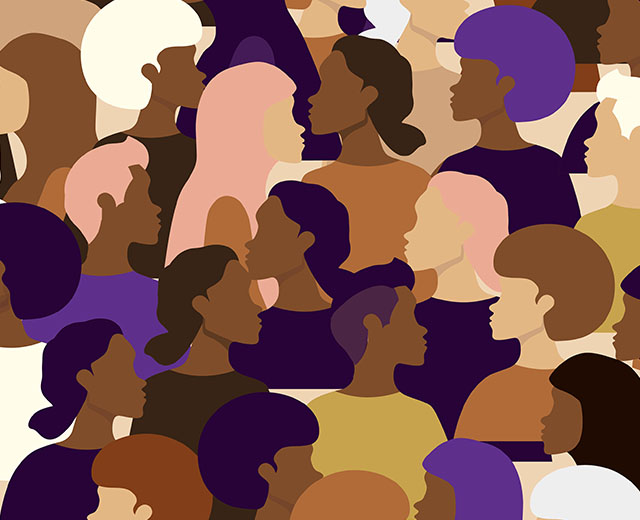 An abstract illustration of people with different hair colors and skin tones in a crowd.