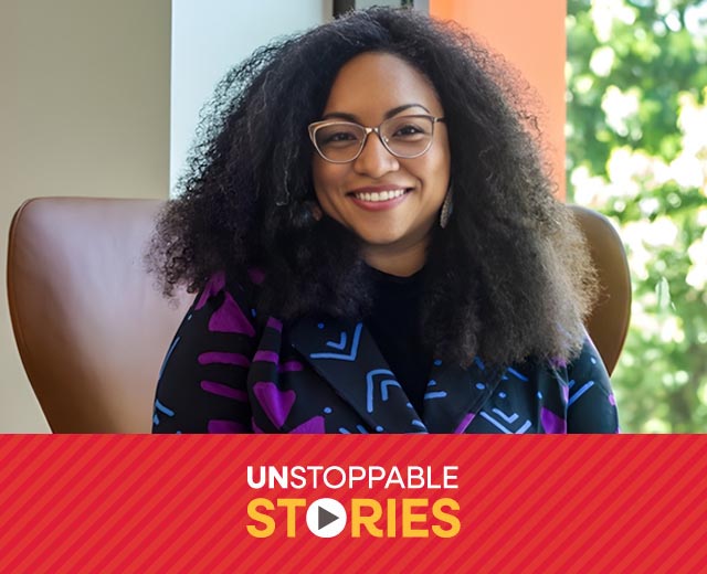 Ashley Esposito headshot with text that reads, "Unstoppable Stories."