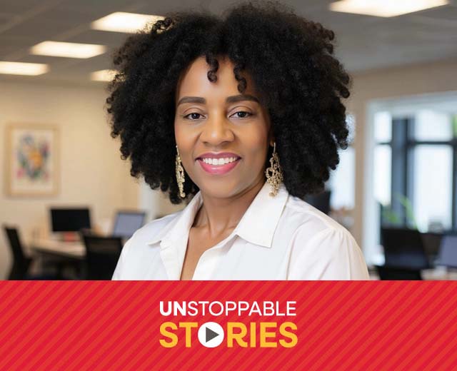 Erika Lane headshot with text that reads, "Unstoppable Stories."