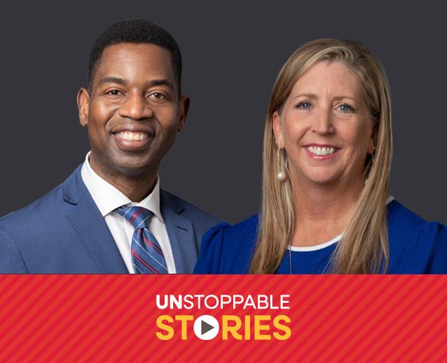 Dr. Greg Fowler & Dr. Angie Besendorfer headshots with text that reads, "Unstoppable Stories."