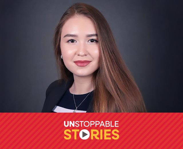 Tamila Urumbaeva headshot with text that reads, "Unstoppable Stories."