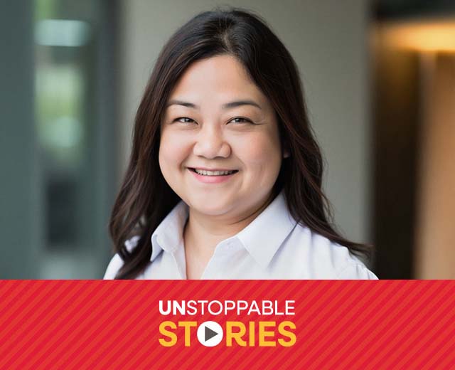 Jeannie Lum headshot with text that reads, "Unstoppable Stories."
