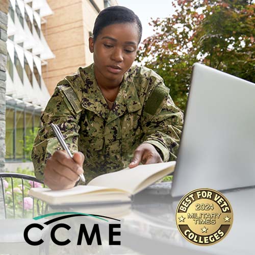 A person in a military uniform taking notes outside with the 2024 Military Times Best for Vets Colleges and Council of Colleges and Military Educators logos shown over the image.