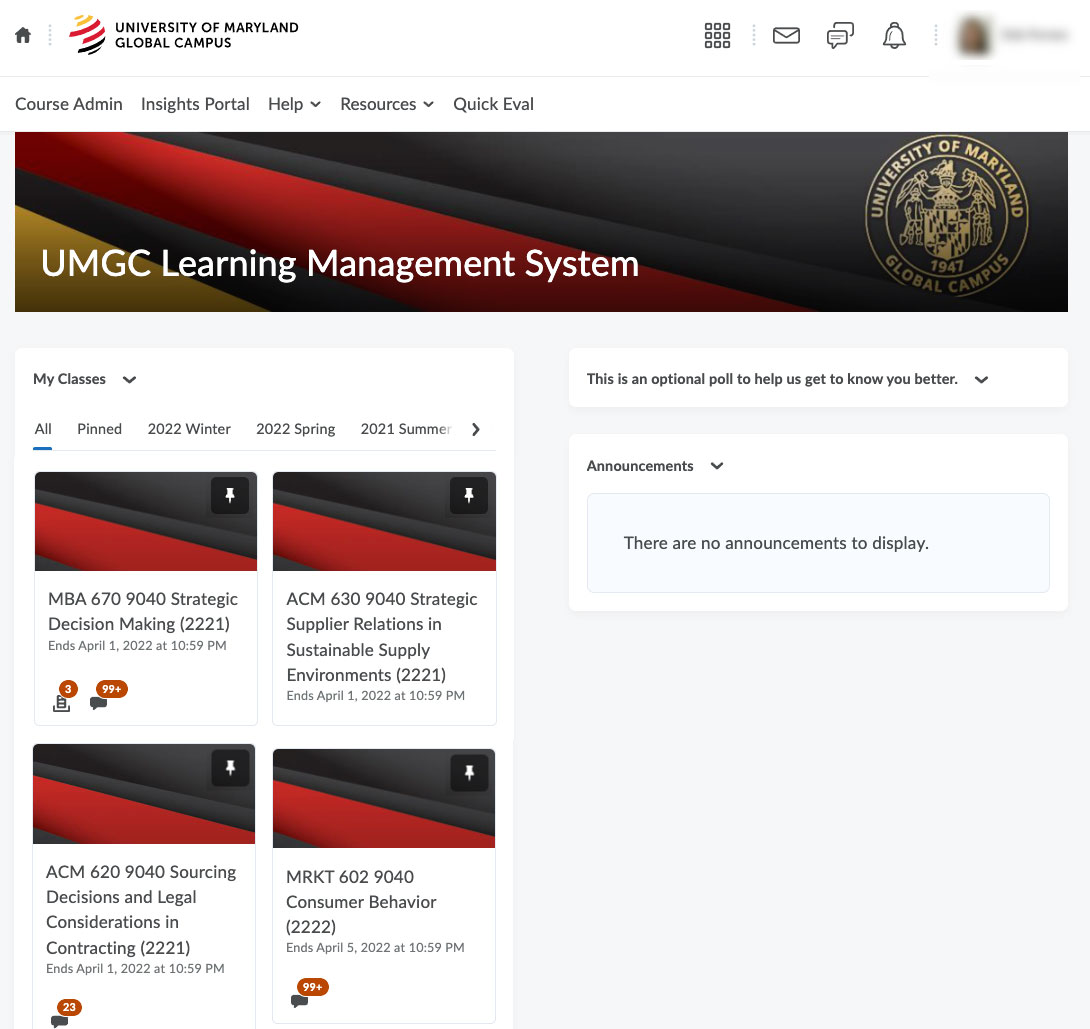 A webpage that says "UMGC Learning Management System."