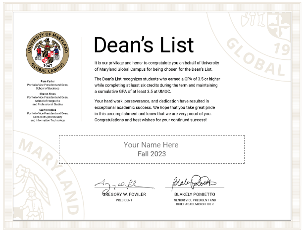 A sample dean's list certificate from Merit Pages.